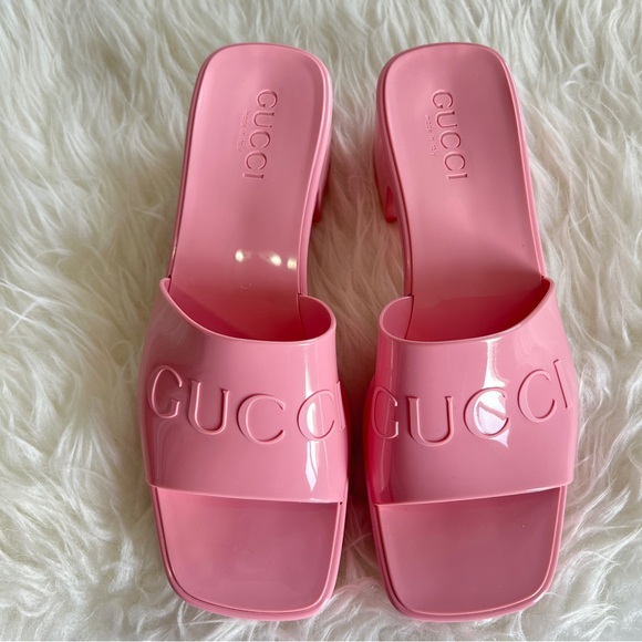 New Gucci Pink Rubber Platform Slide Sandals Sz 37 - Picture 6 of 8